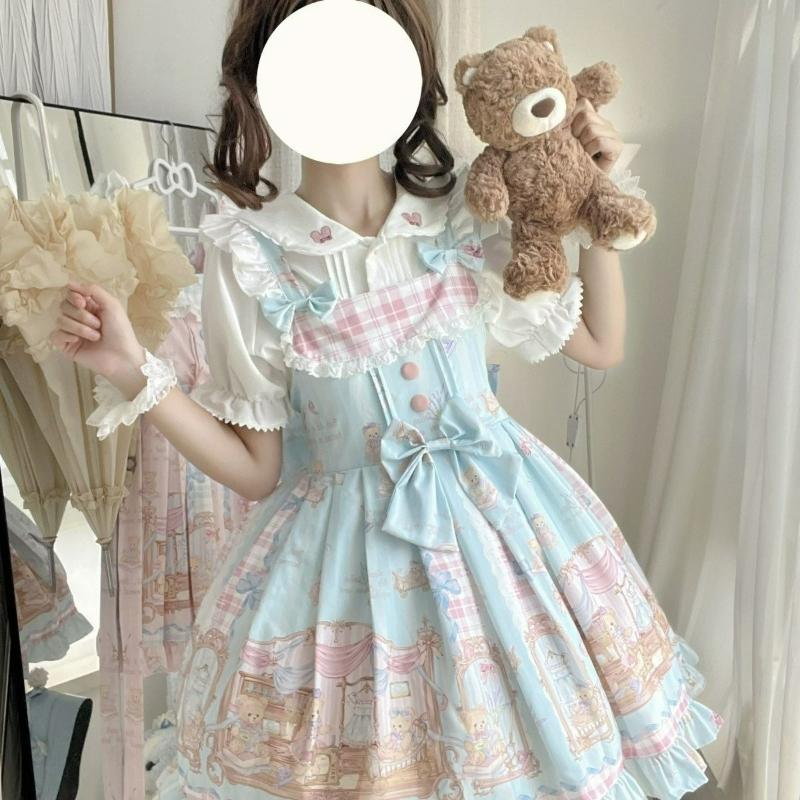 Japanese Sweet Lolita Jsk Dress Kawaii Lace Ruffles Bow Cartoon Print Slim Princess Dresses Girls Y2k Cute Tea Party Mini Dress