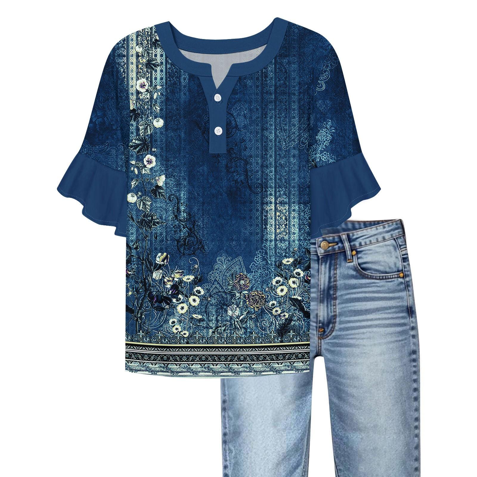 

Women s Casual Fashion V-neck Ruffled Sleeves Loose Versatile Color Short Sleeves XL