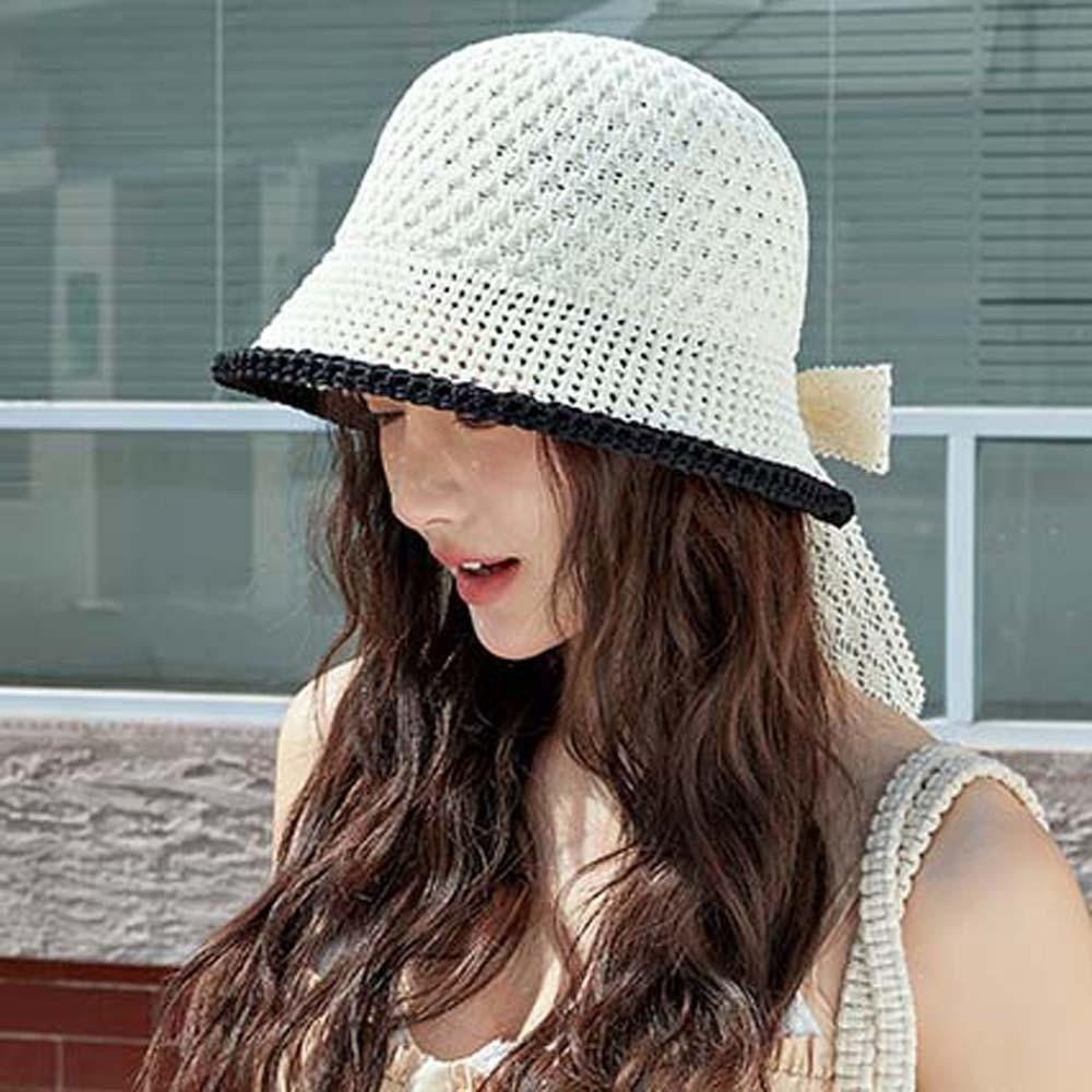 Breathable Sunshade Basin Cap Hollow Out Bow Fisherman Hat Visor Cap Knitted Bucket Hat  Daily