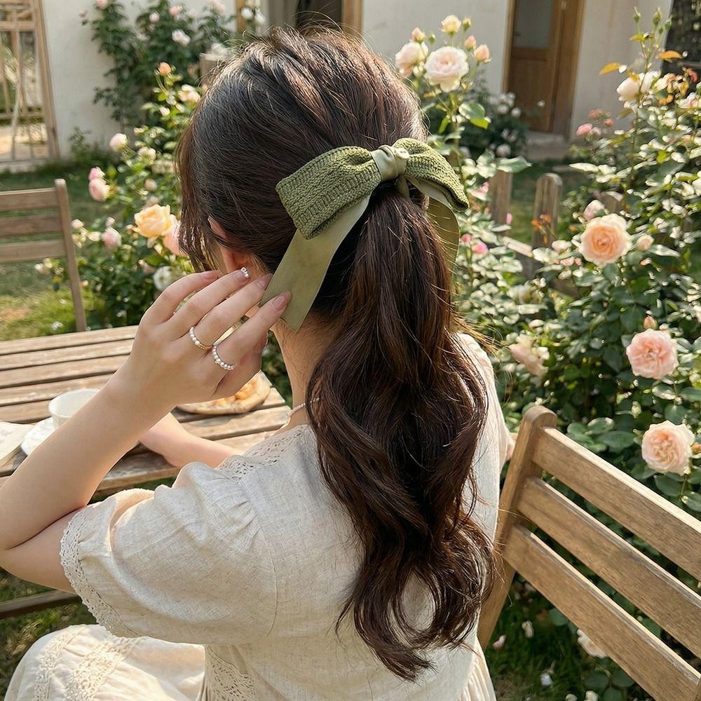 Large Size Bowknot Ribbon Hair Clip Non-Slip Hairpin Fashion Knitted Bow Banana Clip  Girl