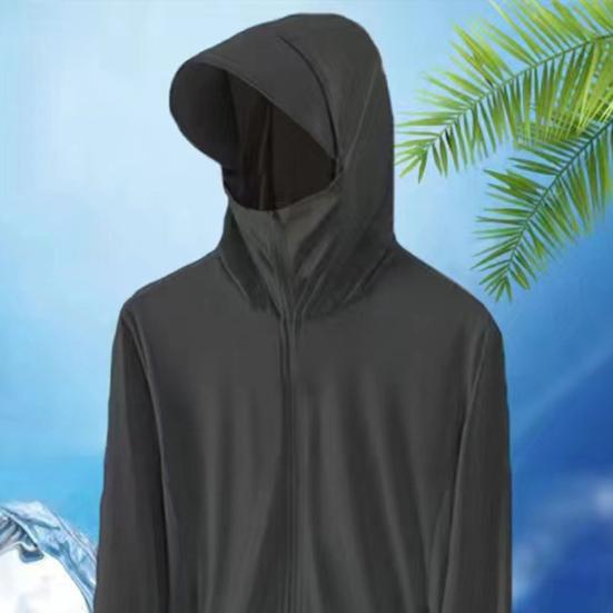 Men Summer Sunscreen Clothing Solid Color Long Sleeve Sun Protection Coat Hooded Jacket Zipper Placket Pockets Outwear