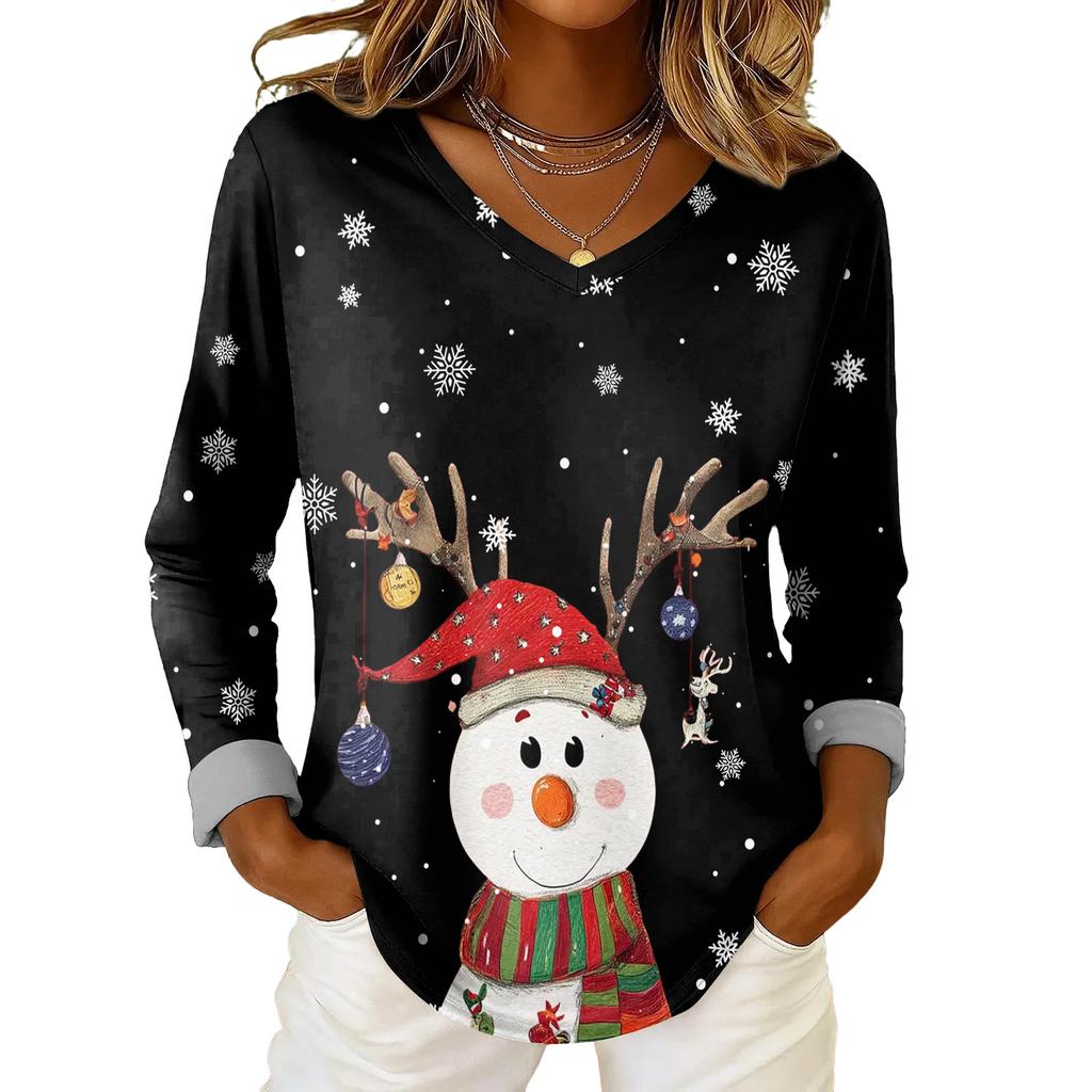Women's Christmas Print Casual V-Neck Long Sleeve Top