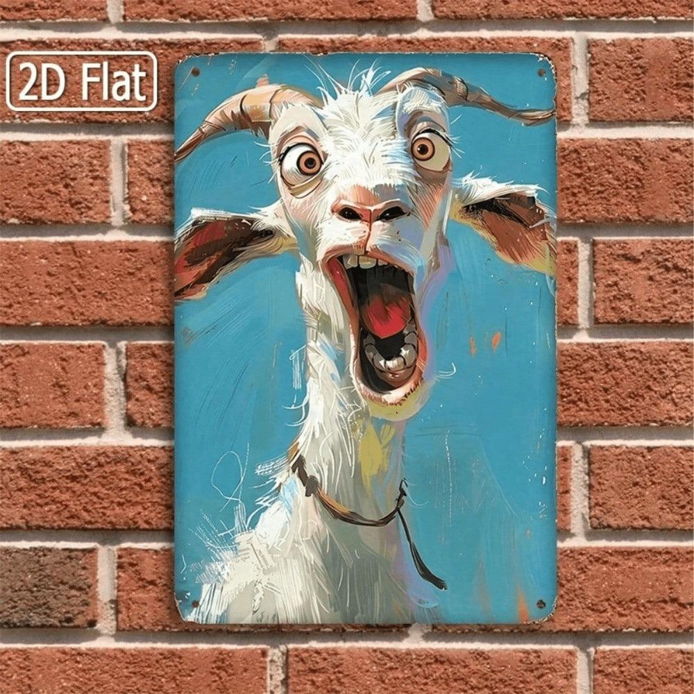 1PC 2D Flat Metal Tin Sign, Funny Screaming Goat Portrait Wall Art, Whimsical Blue Background Animal Poster, Rustic Farmhouse Decor