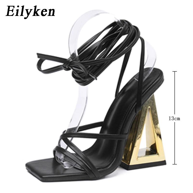 Fashion Eilyken Size 35-42 Golden Party Square Toe Woman Sandals 2025 Fashion Ankle Lace-up Fretwork High Heels Female Shoes