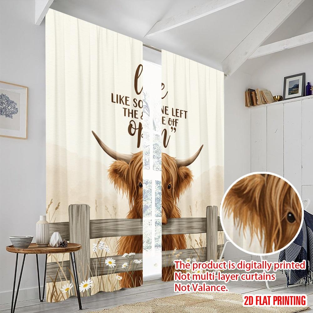 Flat Printing Window Treatment Curtains Highland Cow Gate Open Polyester Fabric Without Electricity Festive Holiday Use Curtain Set Of 2 Made Washable
