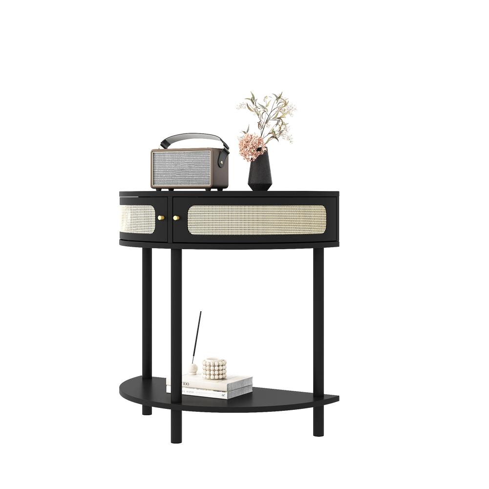 US Half-Moon Rattan Console Table Wood Accent Tables With 2 Rattan Storage Drawers And Bottom Shelf For Living Room Hallway