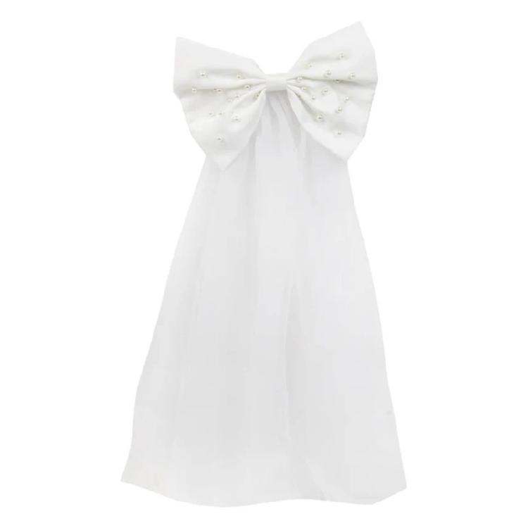 

Длинная фата из тюля с жемчужным бантом на Хэллоуин и фиксированной расческой для волос/зажимом для свадебных головных уборов для свадебных торжеств и вечеринок A