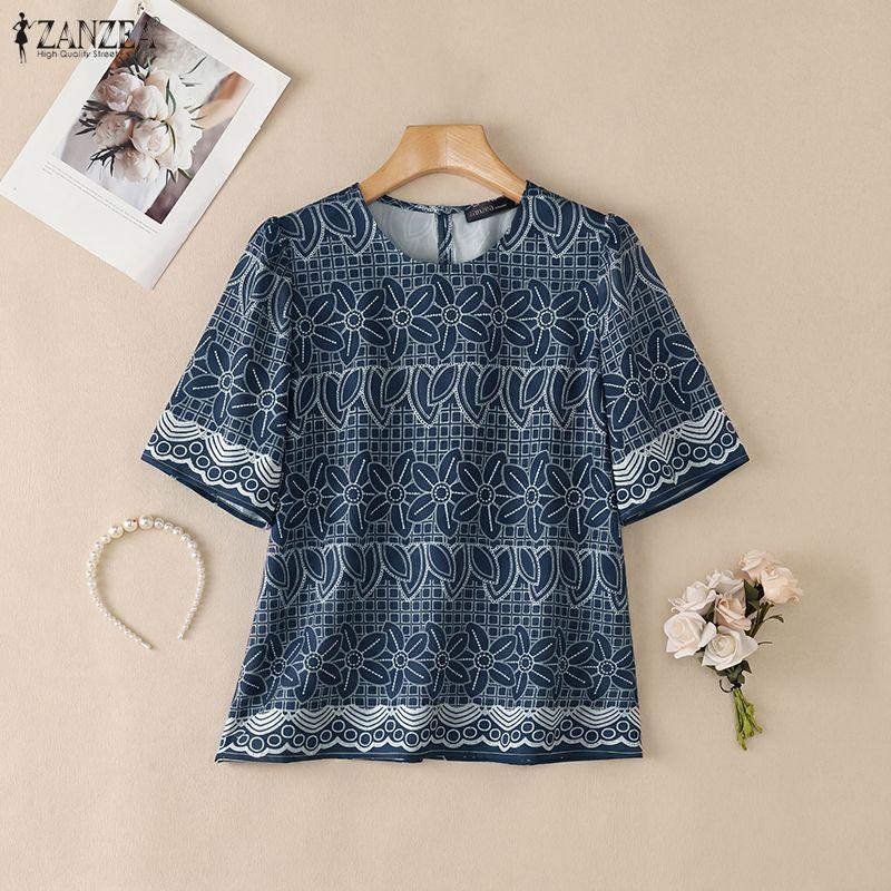 ZANZEA Bluză casual de vară pentru femei, cu imprimeu floral, gât rotund, mâneci scurte