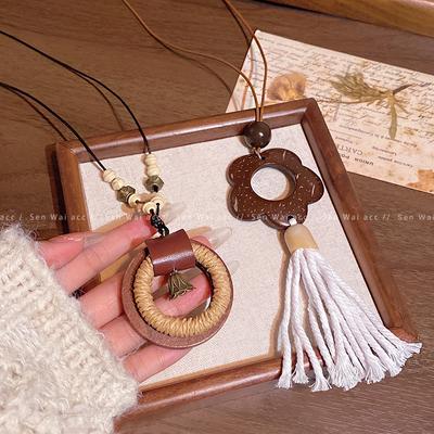 Zen National Style Long Woven Rope Wooden Necklace Women's Retro Ethnic Style Sweater Chain Bohemian Style Sweater Chain