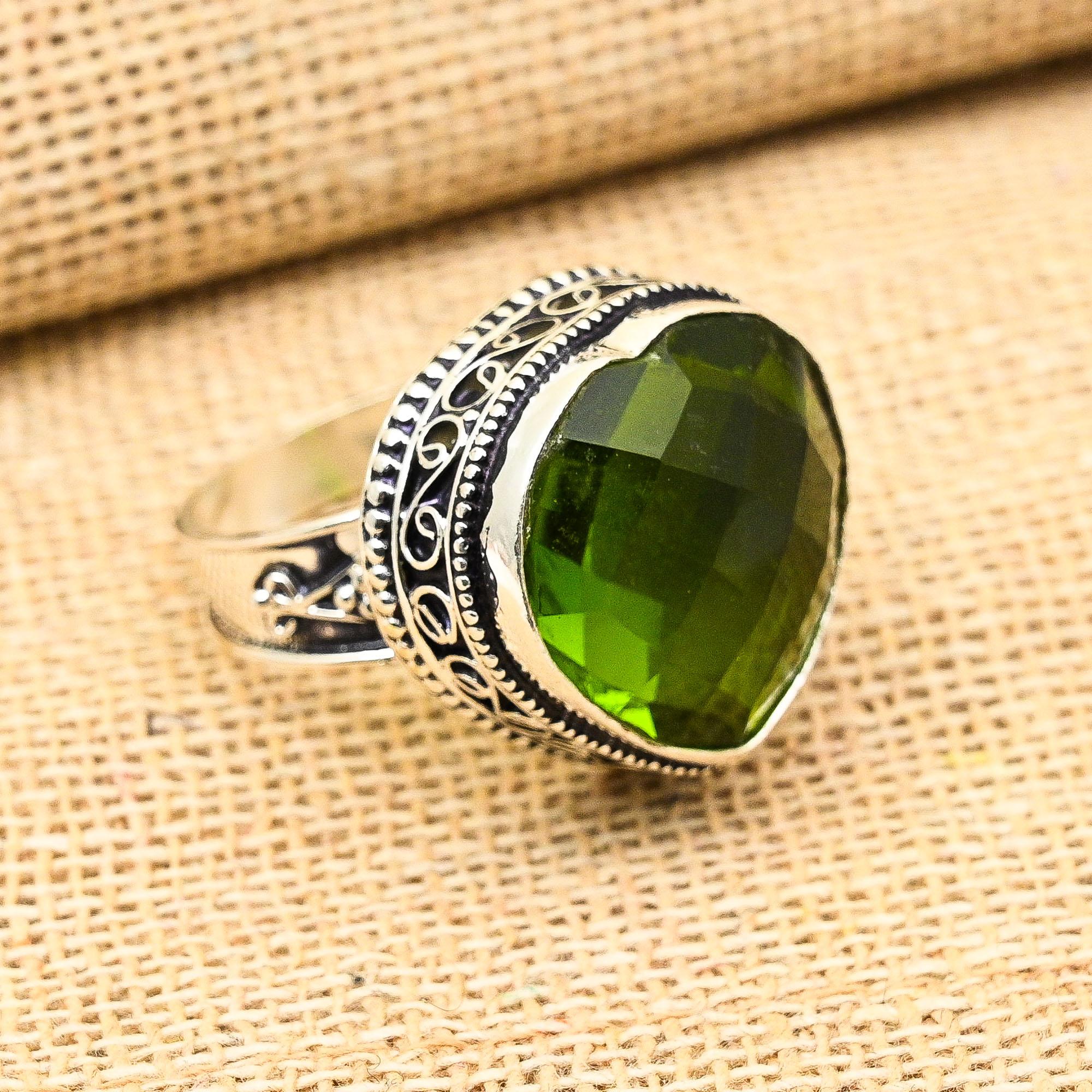 

Драгоценный камень перидот в форме сердца, винтажные украшения ручной работы, кольцо из стерлингового серебра 925 пробы, подарок на помолвку 8.5 зелёный