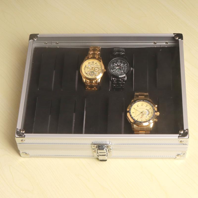 Handige Aluminium Horlogedoos 12 Vakken Sieraden Horloges Display Opbergdoos Vierkante Koffer Suede Binnenkant Rechthoekige Horlogehouder
