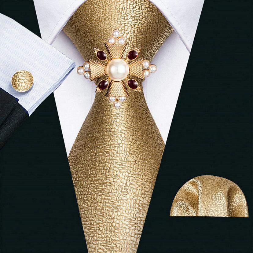 16 Styles Tie with Pearl Brooch for Men Paisley Woven Necktie Hanky Cufflinks Set Wedding Formal