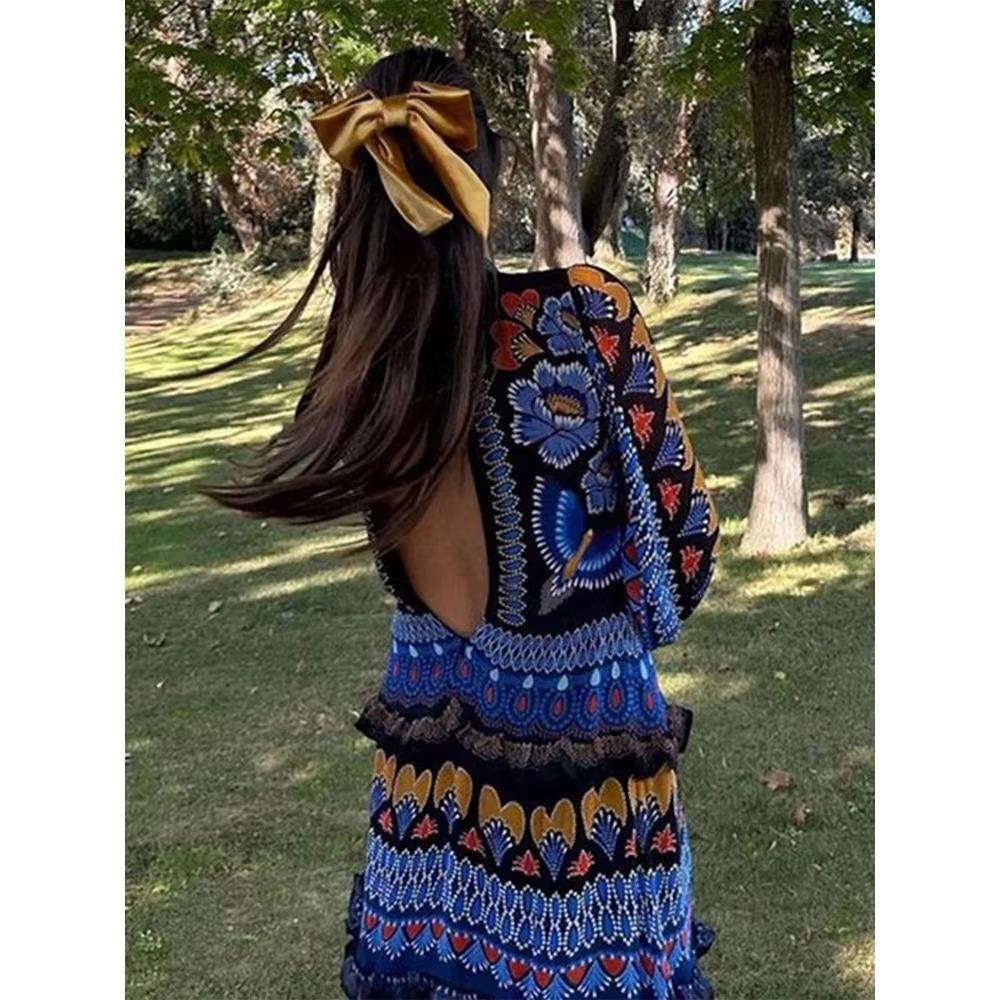 Vintage Print O-Neck Patchwork Maxi Dress Women Fashion Lantern Sleeves Loose Long Dresses Lady Casual Vacation Streetwear