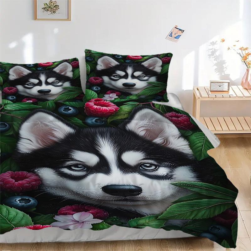 

3pcs Husky and Flowers Duvet Cover Set -Includes 1 Duvet Cover and 2 Pillowcases, No Quilt Core, All-Season Home Decor yy251111104 135x200cm