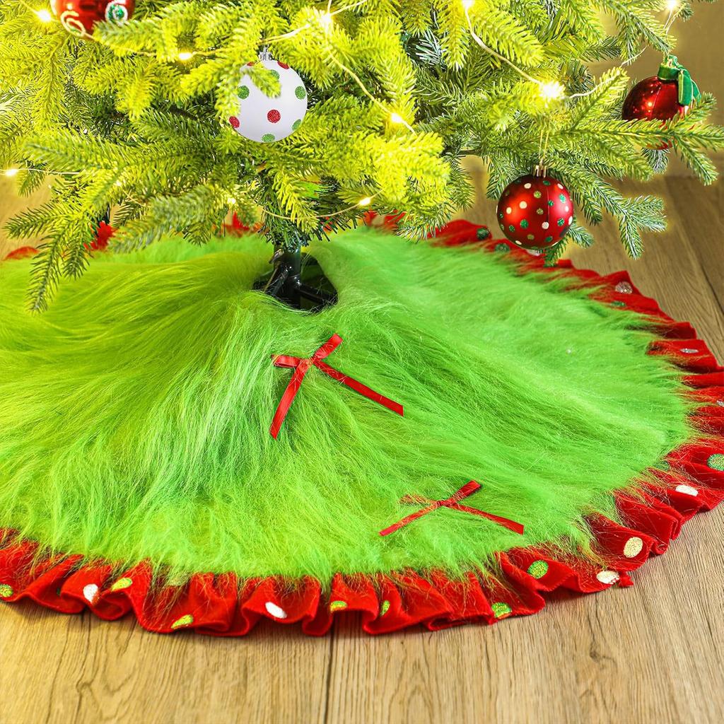 Red And Green Christmas Tree Skirt Furry Plush Christmas Tree Skirts Holiday Glittering Dot Mat Faux Round Carpet For Home Xmas Party Decor