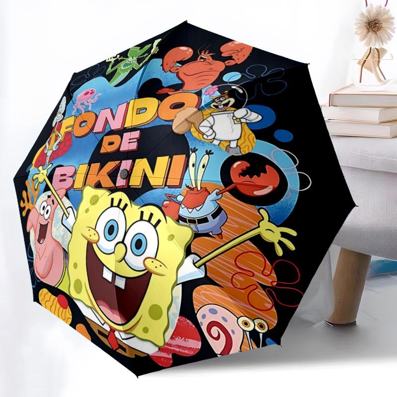 1pc SpongeBob SquarePants Bikini Bottom Adventure Durable Cartoon Folding Umbrella, Portable 3-Fold Compact Umbrella for Men and Women, Suitable for T