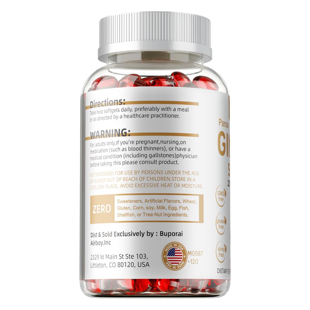 Buporai Ginseng Soft Capsules, containing 2000 mg, nutritional supplement, suitable for adults.