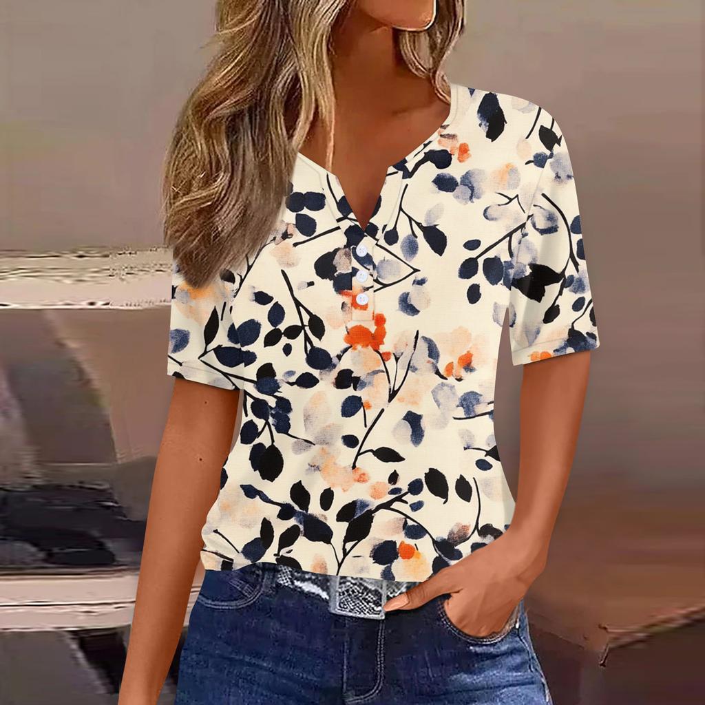 Women's T Shirt Print Button Short Sleeve Daily Weekend Fashion Basic V-Neck Regular Top