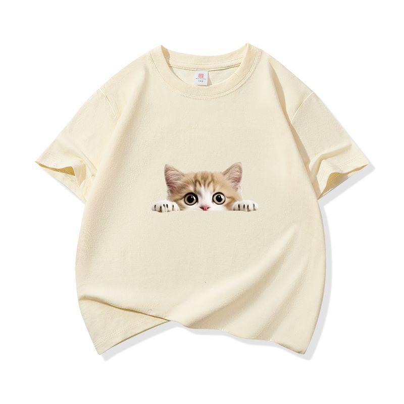 Kids Cotton T Shirt Peeking Orange Kitten Cat Print Crew Neck Short Sleeve Tee Casual Breathable Boys Girls Summer Tops