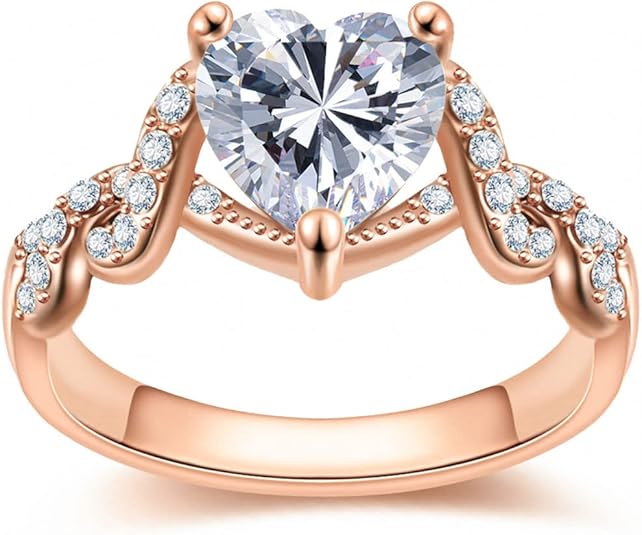 18K Rose gold Plated Love Heart Cubic Zirconia Promise Halo Engagement Promise Eternity Valentine's Day Ring for Women Size 6-10