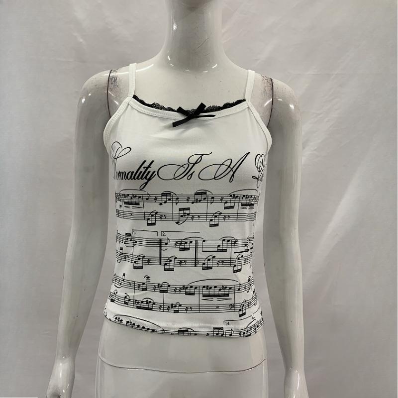 Y2K summer note pattern printed trendy camisole vest with bow decoration