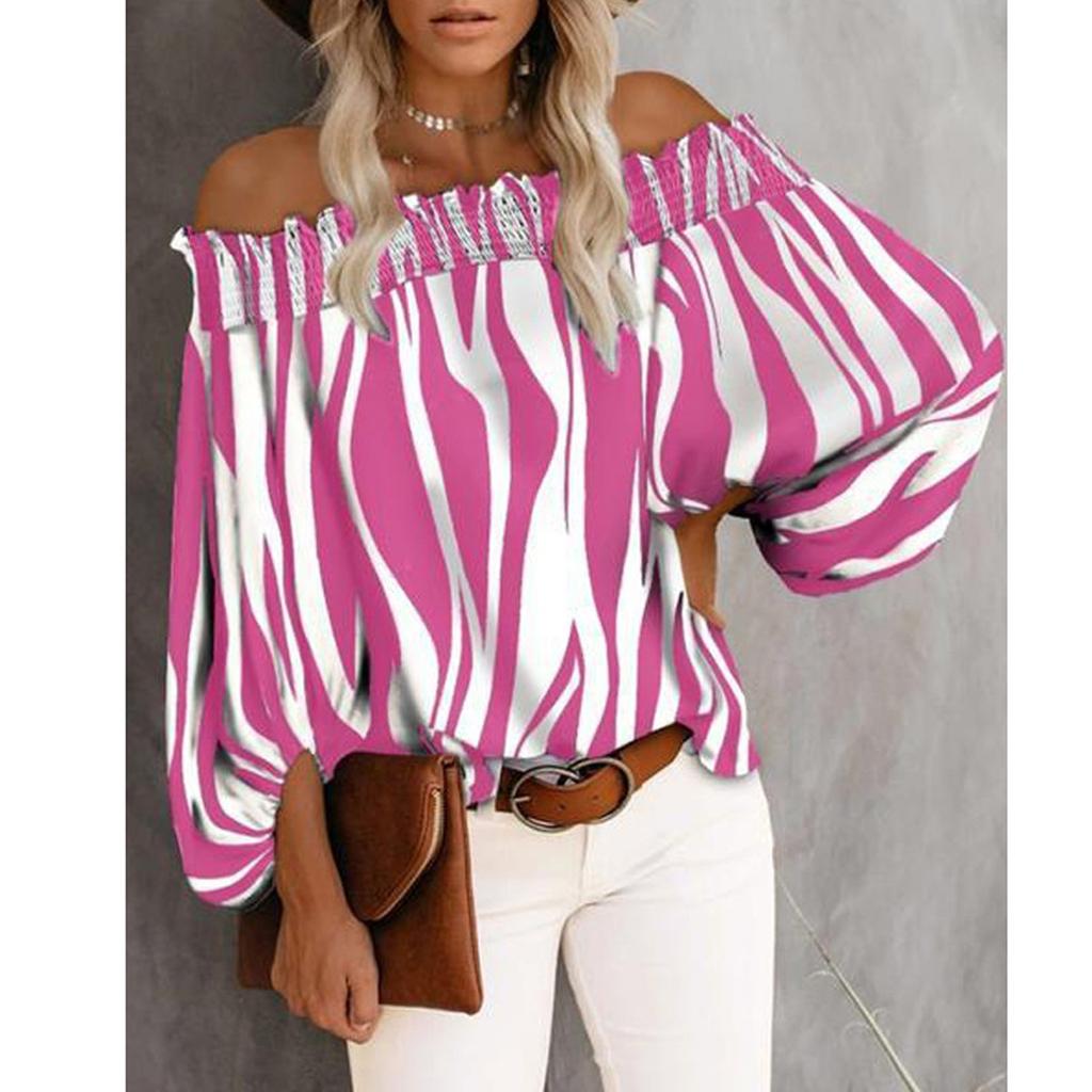 Women's Casual Striped Print Sexy One-Shoulder Long-sleeved Chiffon Shirt