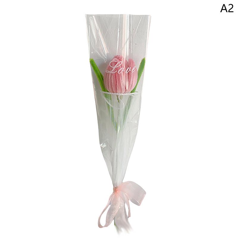 Knitting Flower Rose Tulips Single Bouquet Simulation Flower Home Decoration Wedding Hand-Knitted Crochet Fake Floral