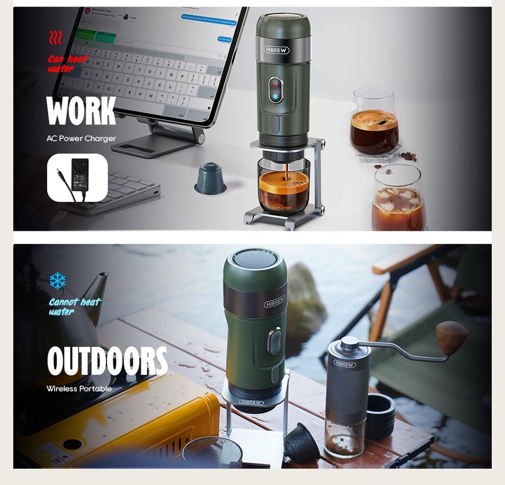 HiBREW H4B Wireless Portable 3 In 1 Espresso Coffee Maker - 15 Bar Pressure - 2200mAh Rechargeable Battery - 3 Cables Fpr Charging