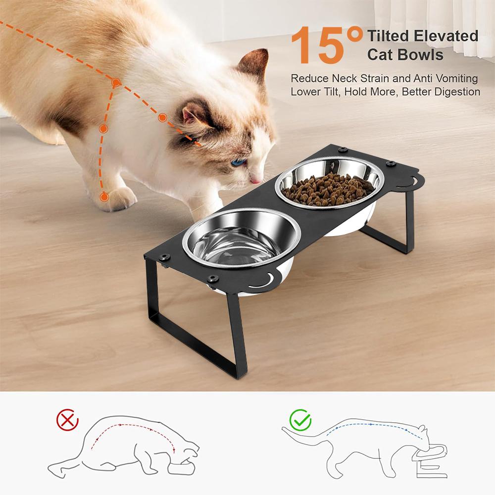 Cat Feeder Elevated Cat Bowls 2 Stainless Steel Bowls for Indoor Pet with Cute Metal Stand 15° Tilted Anti-Vomiting for Cats