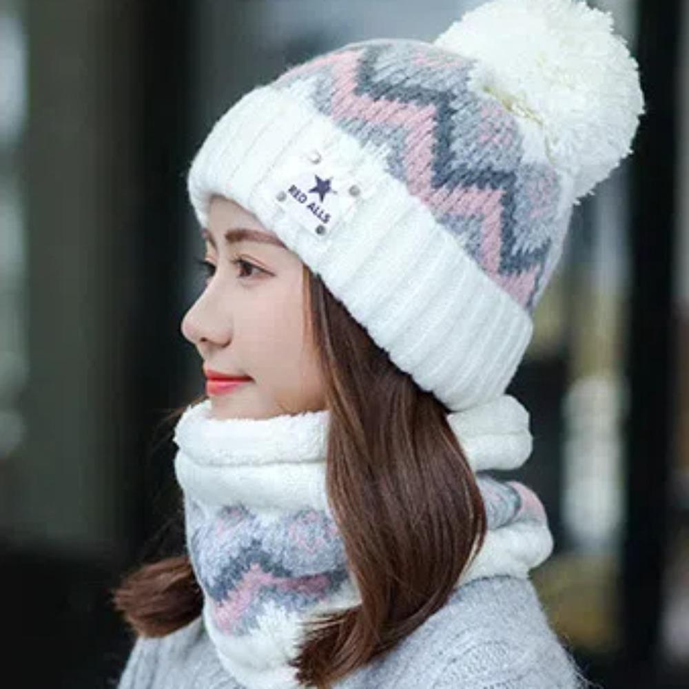 Elastic Woolen Hat Soft Hooded Thermal Cap Korean Style Knitted Scarf  Winter