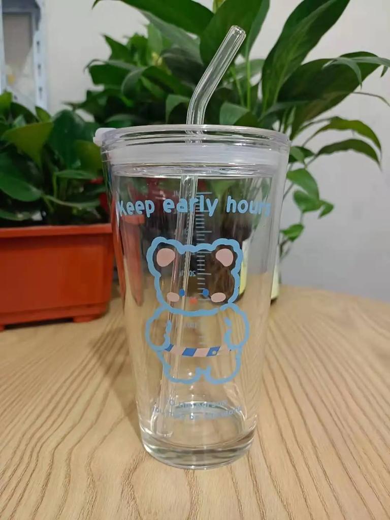 New 480ML Kawaii Glass Straw Cup with Cover Cartoon Water Cup Drinkware Juice Tea Coffee Milk Cup Glass Mugs Gift