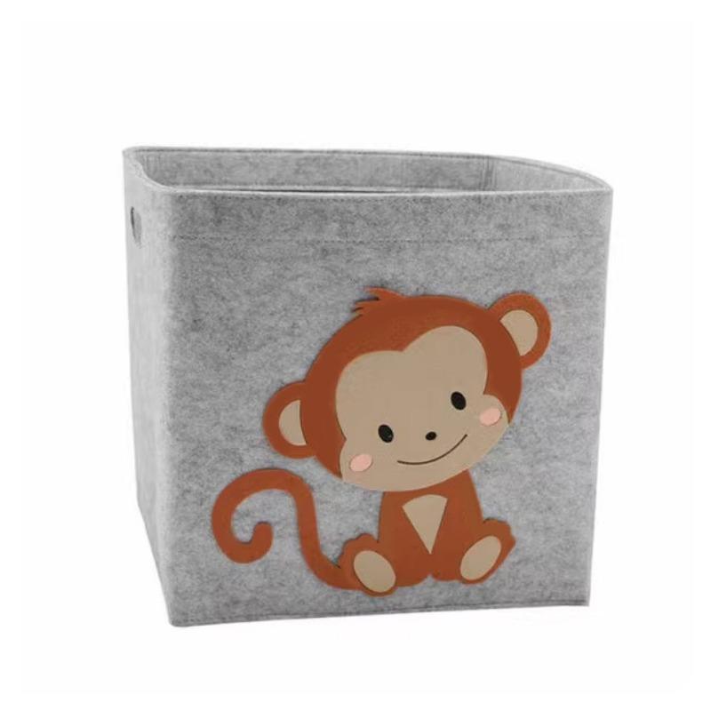 Gray Felt Fabric Storage Box with Cartoon Animals for Kids Rooms