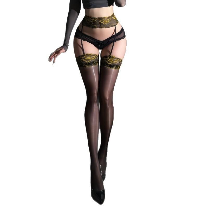 Camellia Two-Color Lace Aurora Long Tube Suspender Integrated Socks Ultra-Thin 0D Oily Sexy Black Silk Hot Girls