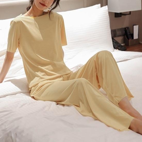 Casual Ice Silk Pajama Set with Round Neck T-shirt and Wide Leg Trousers