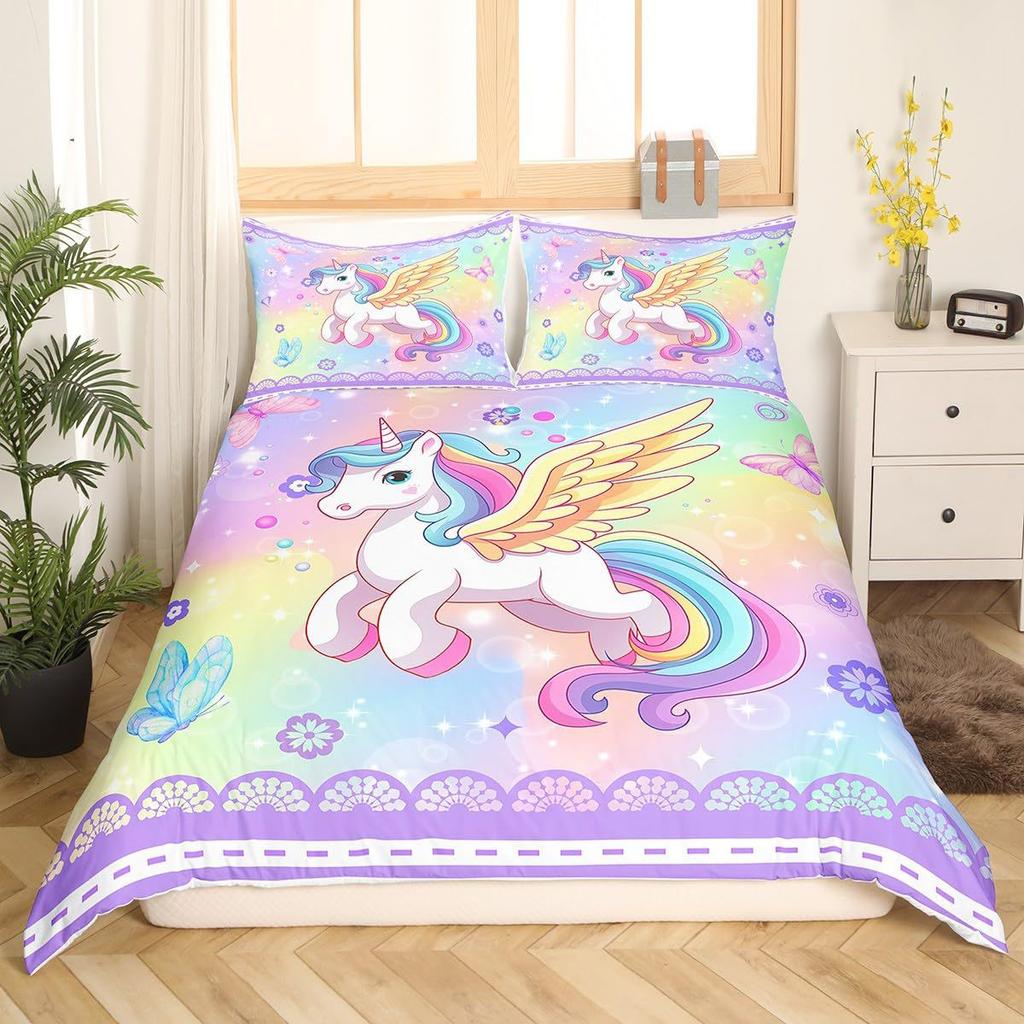 Dreamy Unicorn Duvet Cover Set Queen Size3 Pcs Rainbow Starry Sky Bedding Sets Pink Blue Unicorn Comforter Cover Set For Kids