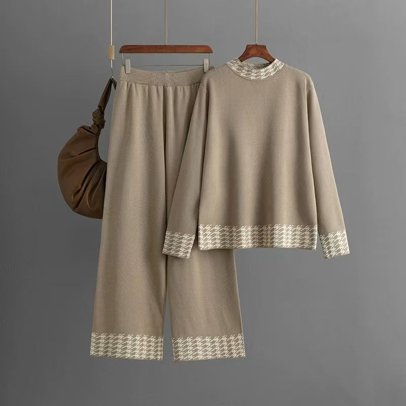 

Fashion Wind Houndstooth Knitting Sweater Pants Two-piece Set Knitted Sweater and Pants Set Khaki One size