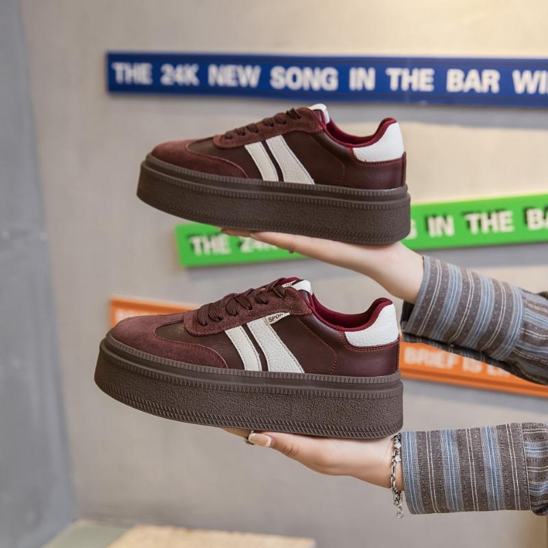 Leather thick-soled red women's retro casual sports board shoes autumn new versatile bread shoes