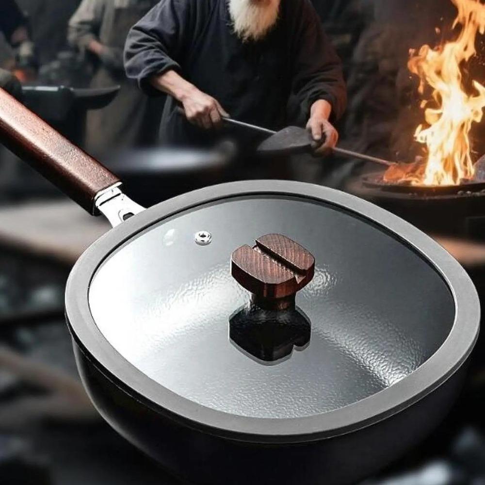 Refined Iron Stir Fry Pot Wood Handle Nonstick Pan Cookware Square Frying Pan  Chef