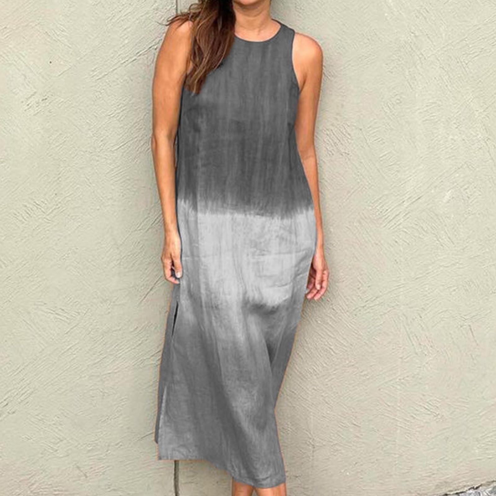 

Женское градиентное платье-майка без рукавов с разрезом подол, свободный крой, летние летние струящиеся повседневные пляжные платья с круглым вырезом с круглым вырезом L серый