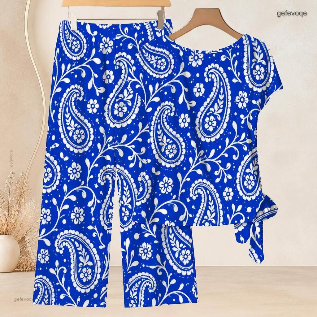 Women Plus Size Multicolor Printed Round Neck Short Sleeve Top And Long Pants Two Piece Set