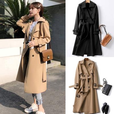 Fall Winter Women Jacket Double-breasted Buttons Solid Color Turn-down Collar with Belt Mid Length Windproof