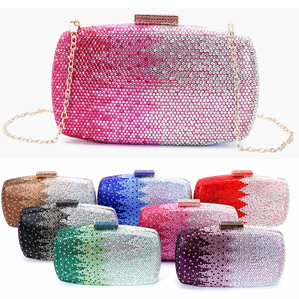 Dazzling Diamond Women Evening Bag Wedding Prom Clutch Crystal Bridal Handbags 7 Colors Green/Red Long Chain Female Party Purse