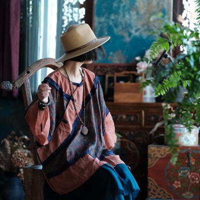 Women Vintage Print Floral T-Shirts Patchwork Color O-Neck Long Sleeve Fall Chinese Style Ramie T-Shirts