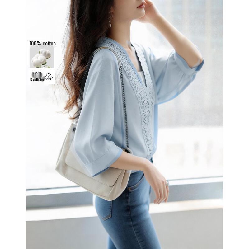 Demana Cotton Lace-Trim V-Neck Short Sleeve Shirt S