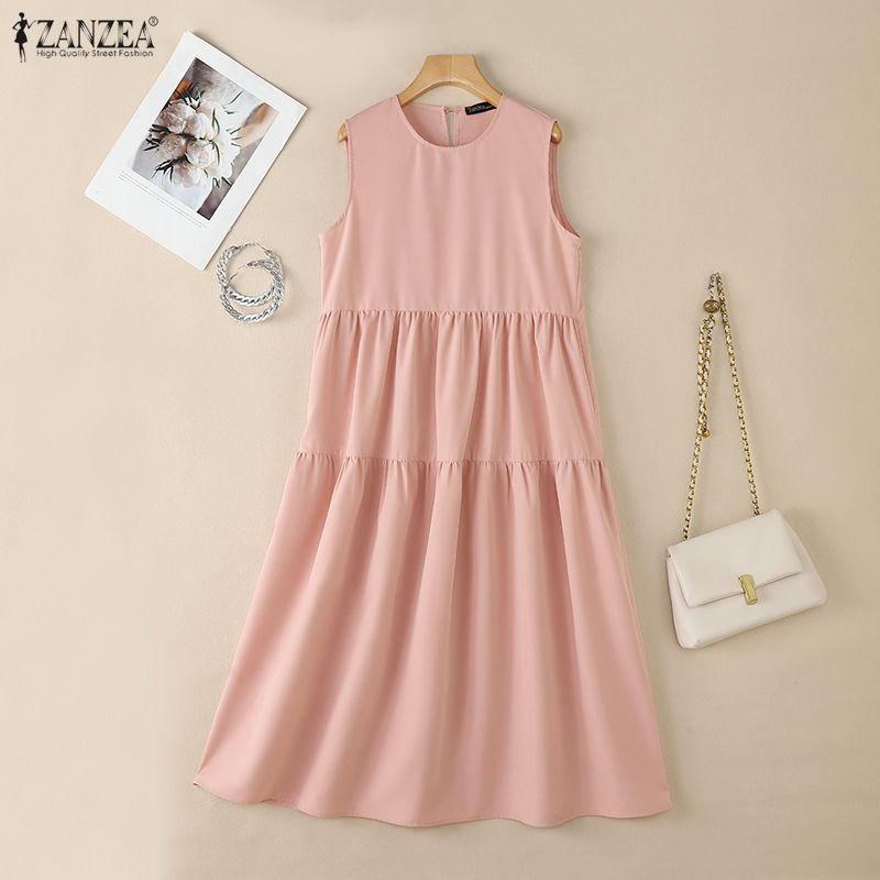 ZANZEA Dámské ležérní letní šaty bez rukávů s kulatým výstřihem