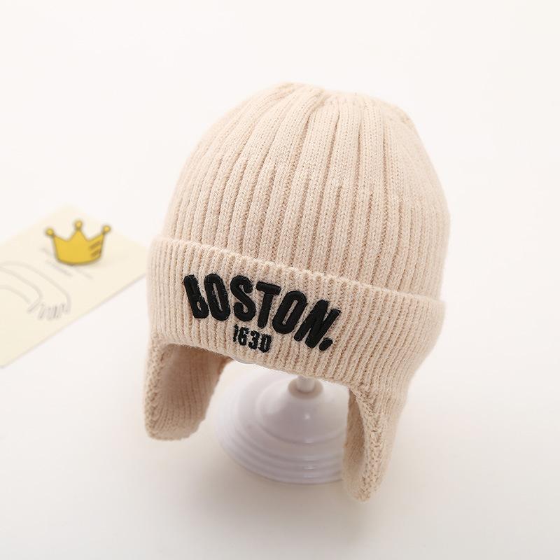 Winter Baby Knitted Hat with Earmuff Letter Embroidered Toddler Beanie Cap Solid Color Warm Woolen Kids Ear Protection Hats