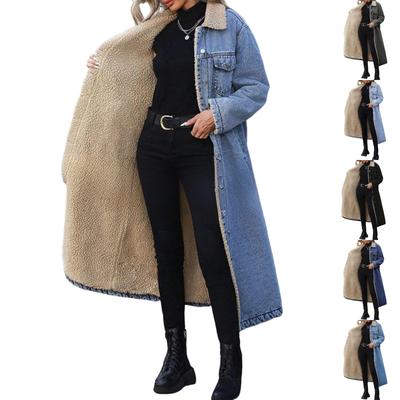 Damen Modischer Lässiger Lockerer Langer Baumwollmantel mit Fleecefutter Jeansjacke