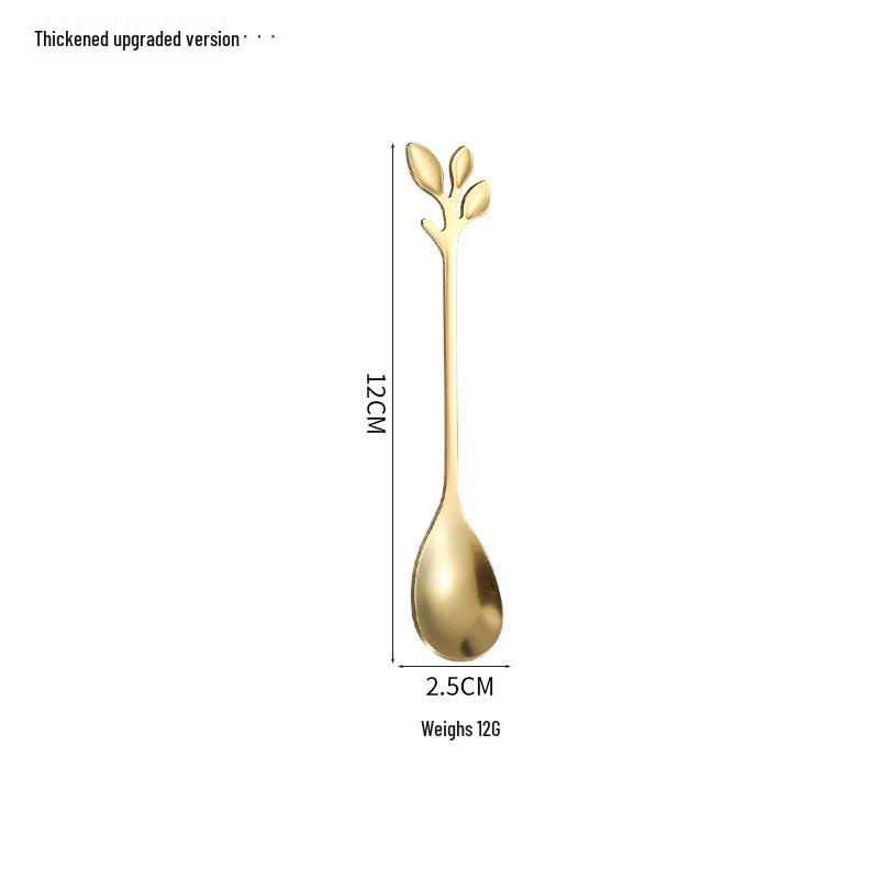 Gold Stainless Steel Leaf Spoon and Fork Set - Long Handle for Stirring, Desserts, and Coffee