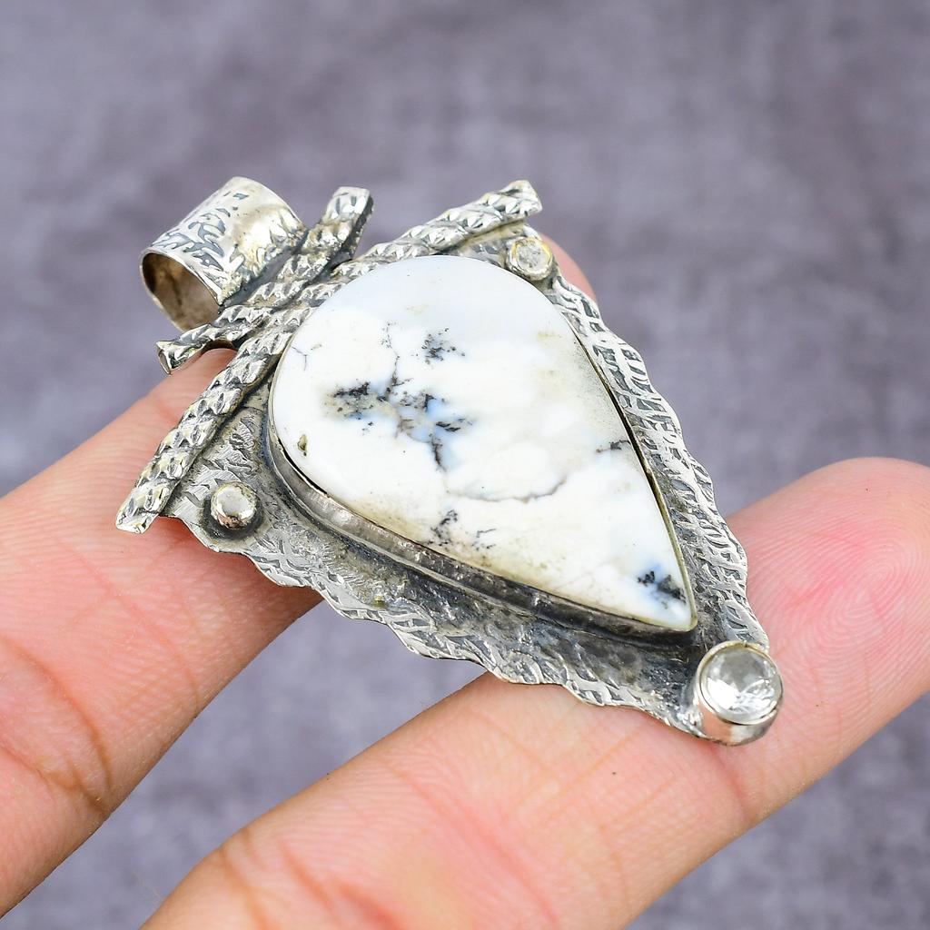 Dendrite Opal, Topaz Handmade 925 Sterling Silver Pendant 2.36" m7A35