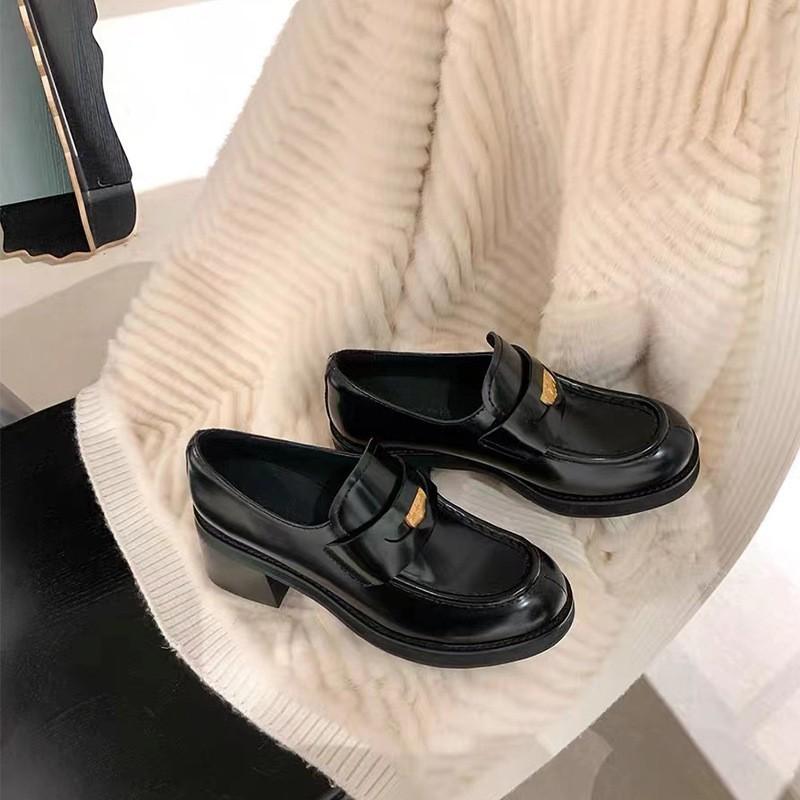 Whole cowhide~ 2025 high-heeled leather loafers women's thick-heeled platform single shoes gold coins black British style small leather shoes